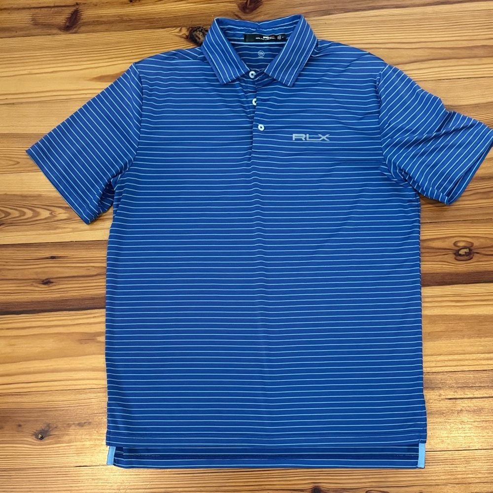 EUC Ralph Lauren RLX Mens Performance Blue Green Striped Polo Shirt Med